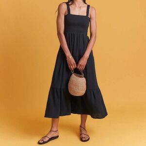 Marine Layer Selene‎ Double Cloth Maxi Dress Size Small Black Tiered Smocked